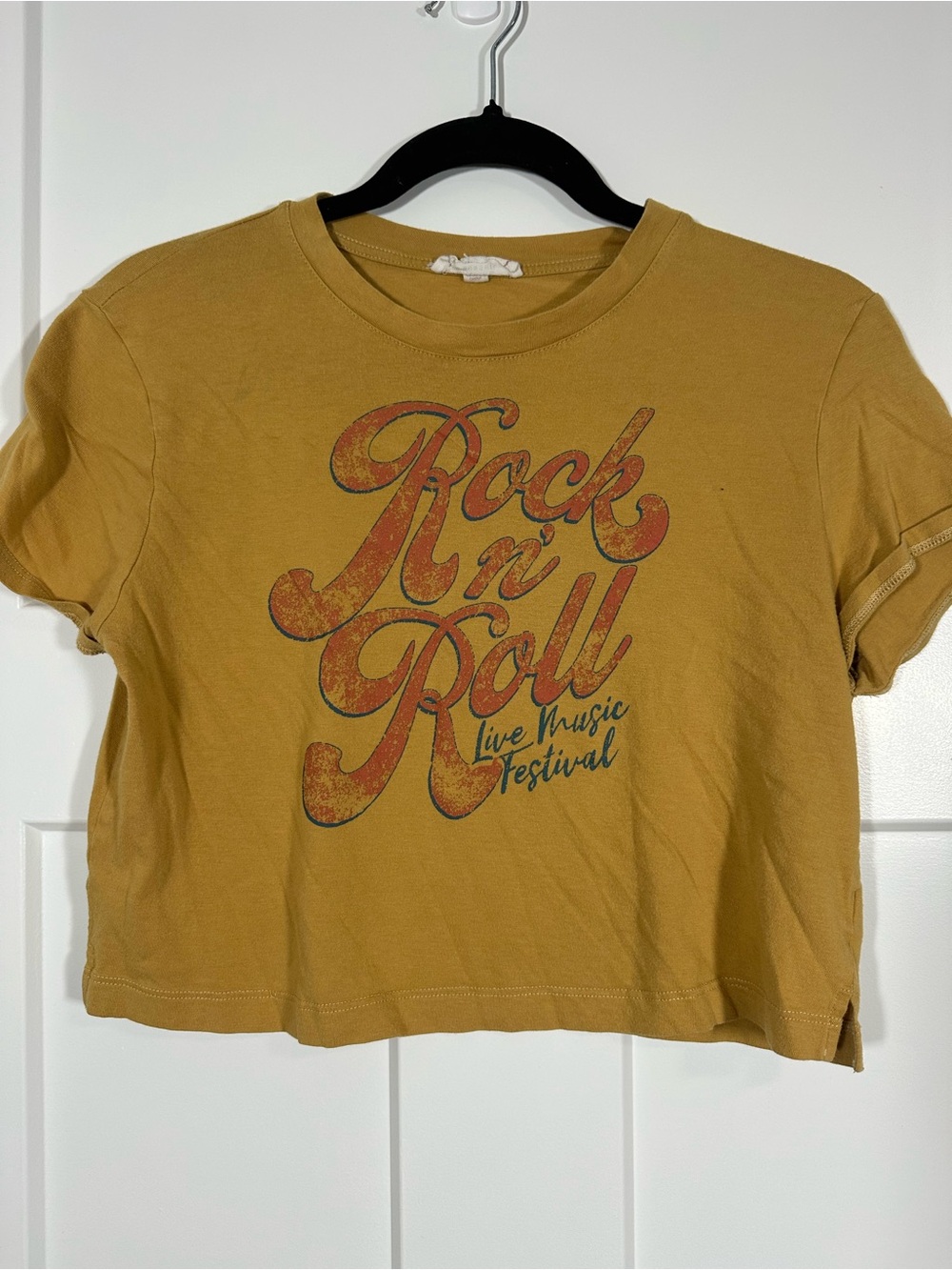 Mustard Yellow Rock n' Roll Graphic Crop Tee - Women